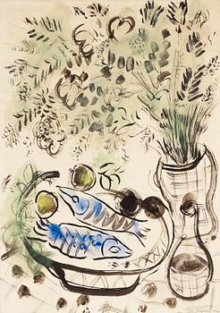 Marc Chagall, Stilleben med blommor och fiskar.