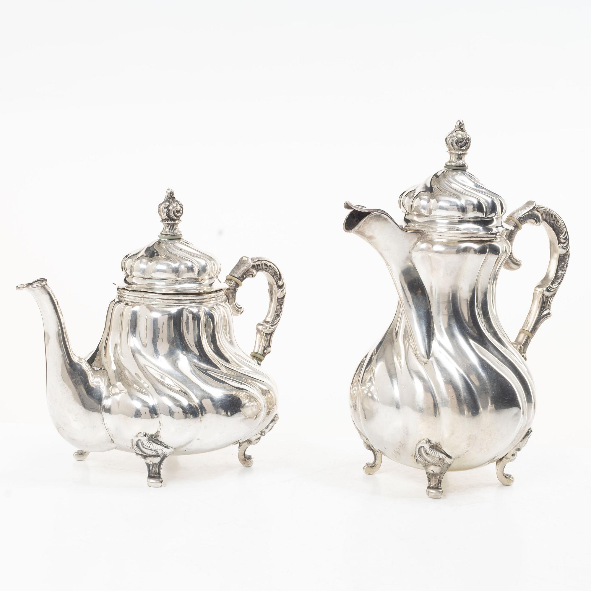 Coffee and tea service, 4 pieces, silver, Rococo style, Germany, 20th century.