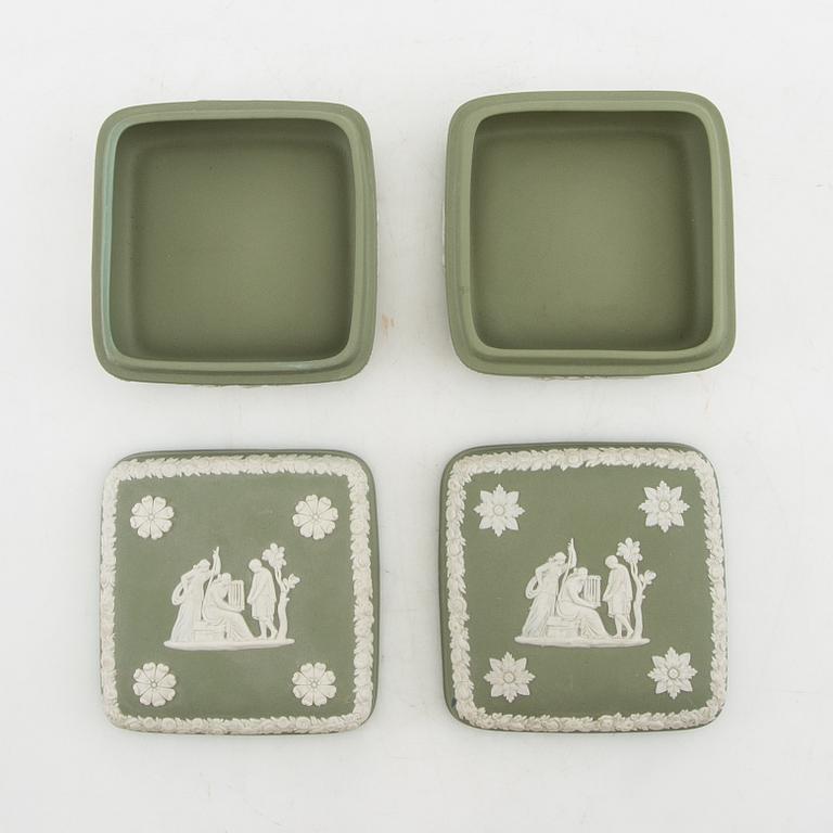 A collection of boxes, plates, and a vase 9 dlr mostly Wedgwood England 20th century jasperware.