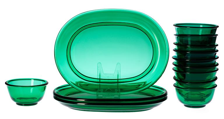 A Josef Frank and Estrid Ericson set of 10 green glass plates and 10 bowls for Svenskt Tenn.