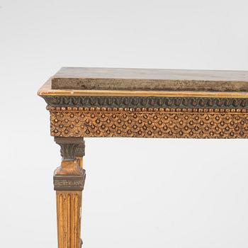 A giltwood, patinated, and faux-marbre console table in the manner of J. Frisk, Stockholm, circa 1800.