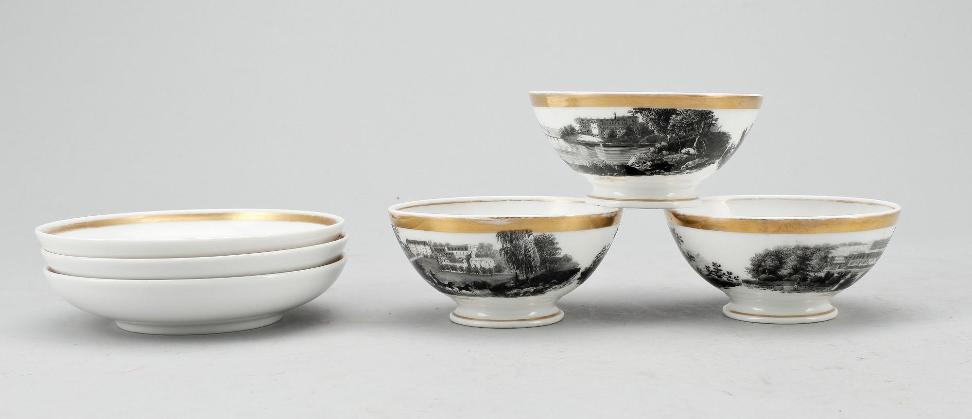 KOPPAR MED FAT, 3 st, porslin, Svenska och Franska slott, 1800-tal.