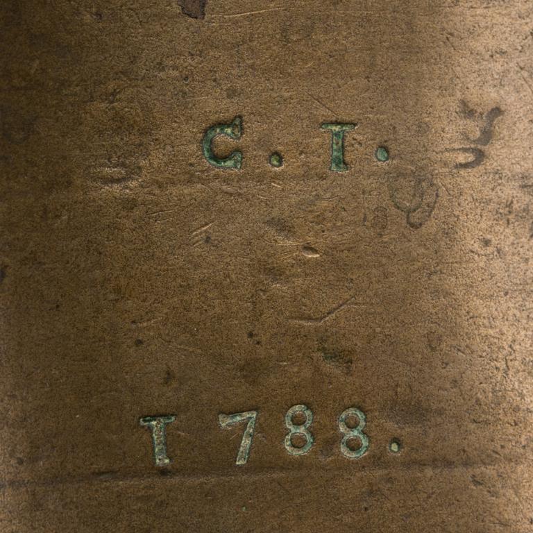 A BRASS MORTAR, DATED 1788 WITH MONOGRAM C.I AND W.H.