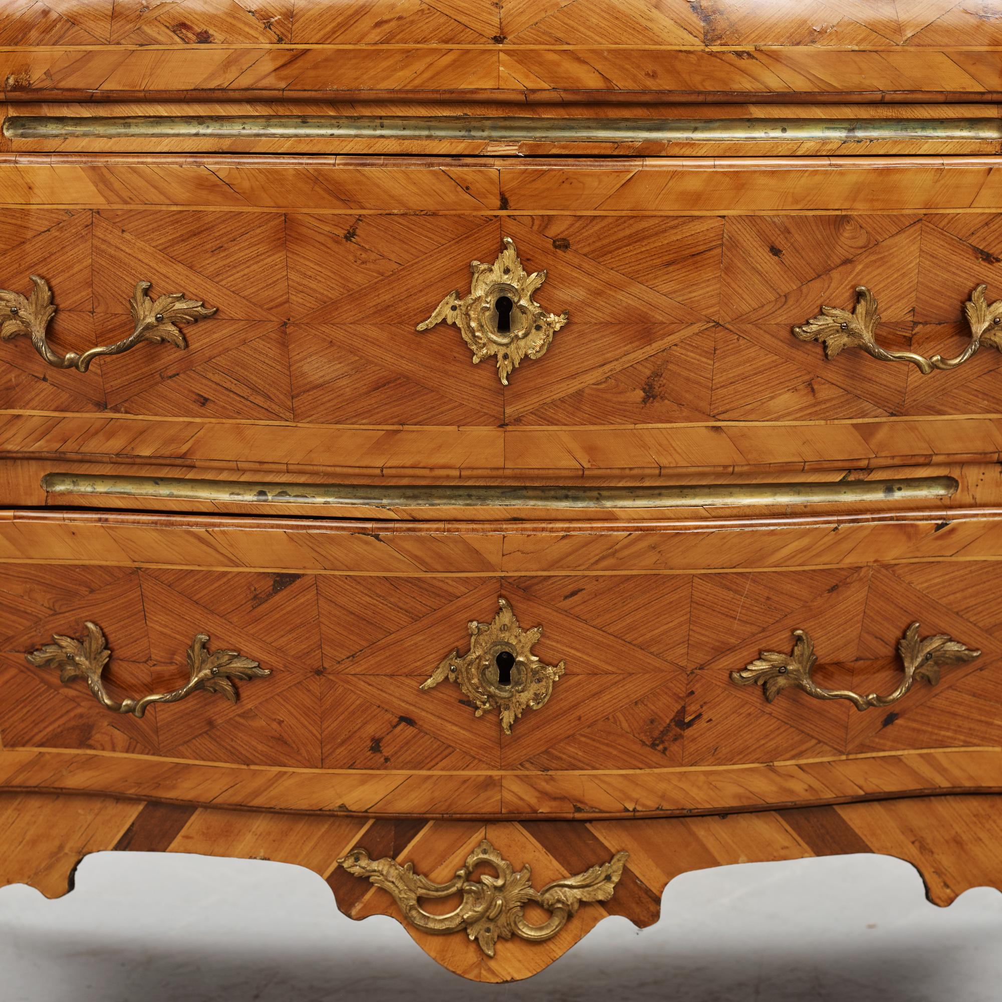 A parquetry and ormolu-mounted rococo commode by P. Gyllenberg (master in Stockholm 1767-85).