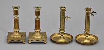 LJUSSTAKAR, två par, mässing, varav ett par Grillby metallfabrik, 1900-tal.