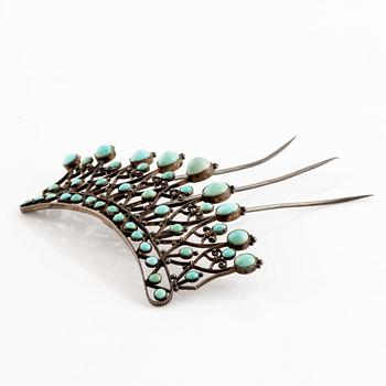 Hair comb silver and turquoise, ca 1870's.