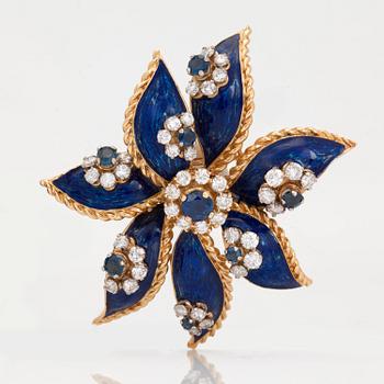 A pair of earrings and a brooch signed Kutchinsky, with enamel, diamonds and sapphires.