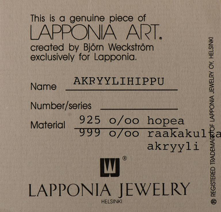 BJÖRN WECKSTRÖM, KAULAKORU, "Akryylihippu", hopeaa, kultahippu, akryylia- Lapponia 1997.