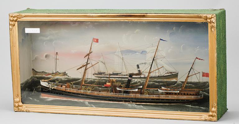 DIORAMA med FARTYGSMODELL, England, 1800-tal.