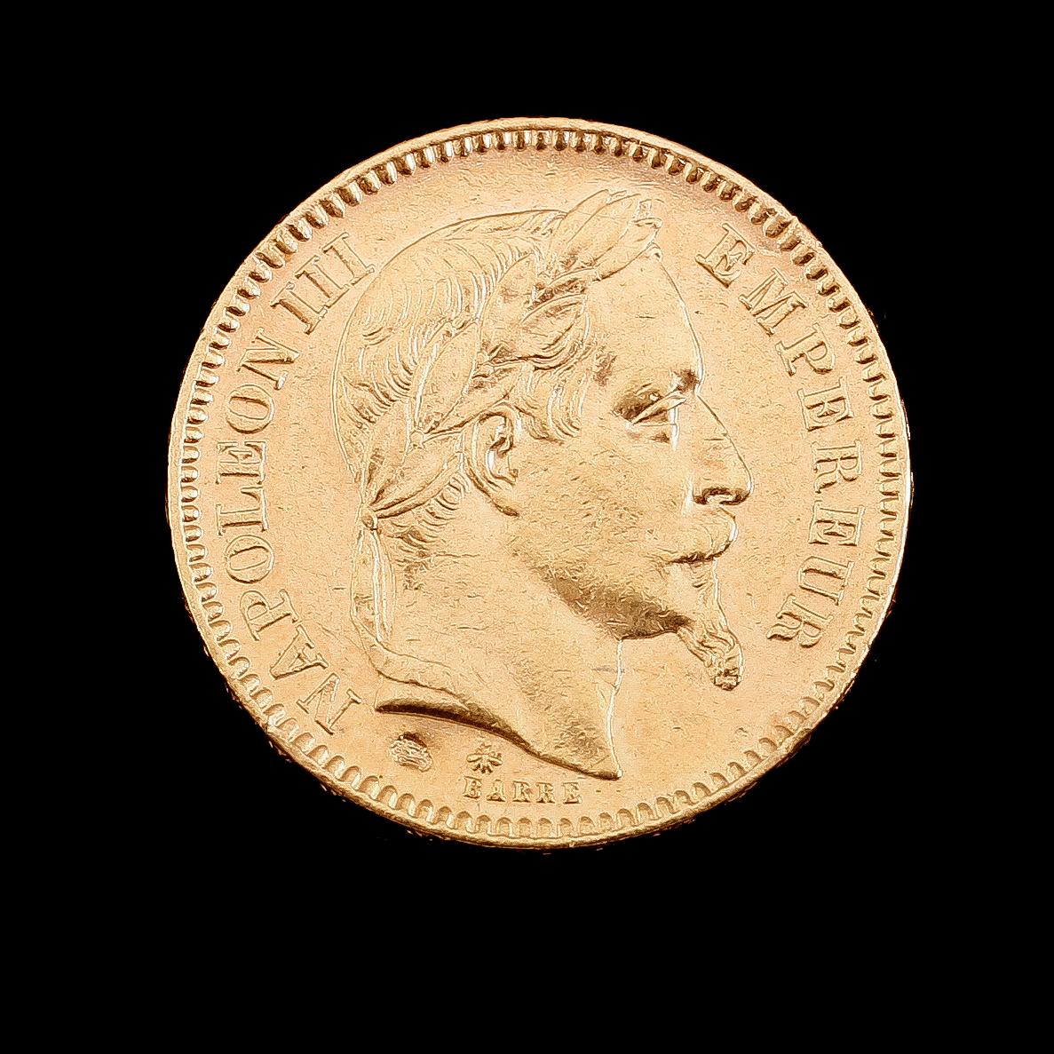 GULDMYNT, 20 franc, Napoleon III, 1866. Vikt ca 6 gram.