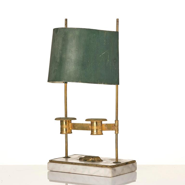 A Gusttavian gilt brass, white marble and tole two-light reading lamp, late 18th century.
