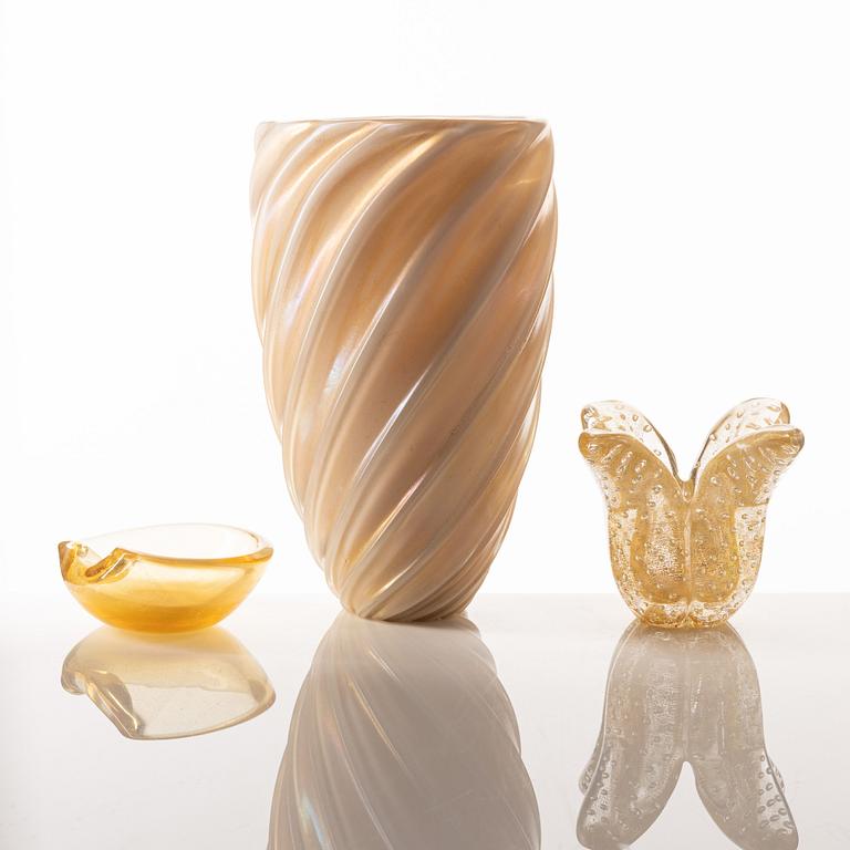 Two glass vases and a glass bowl, possibly Murano, Italy,