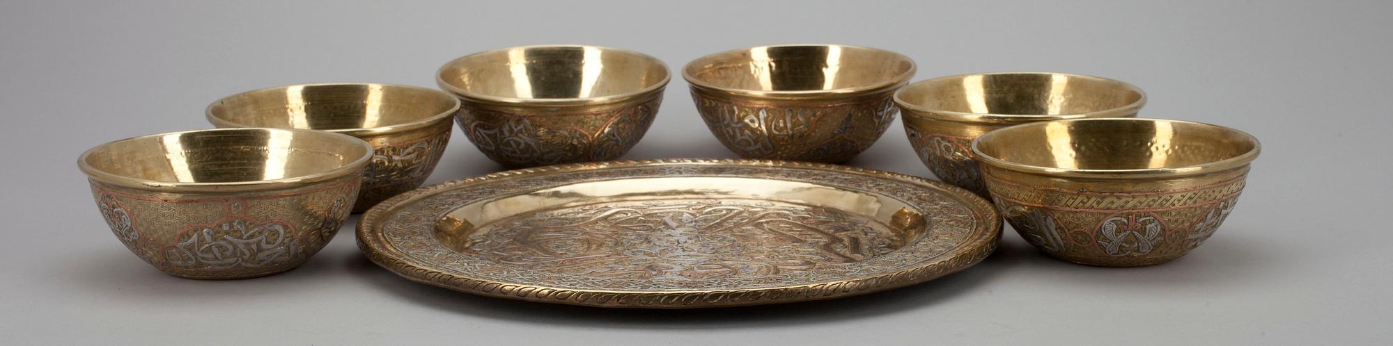 FAT och SKÅLAR, 6 st, mässing, koppar och silver, Persien 1900-tal.