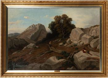 Édouard Bertin, attributed to, Mountain landscape with shepherd and wandering woman.
