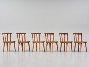 Axel Einar Hjorth, a set of six stained pine "Utö" chairs, Nordiska Kompaniet, Sweden, 1930s.