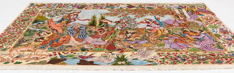 Matta, old Täbris, part silk, figural, ca 200 x 295 cm.