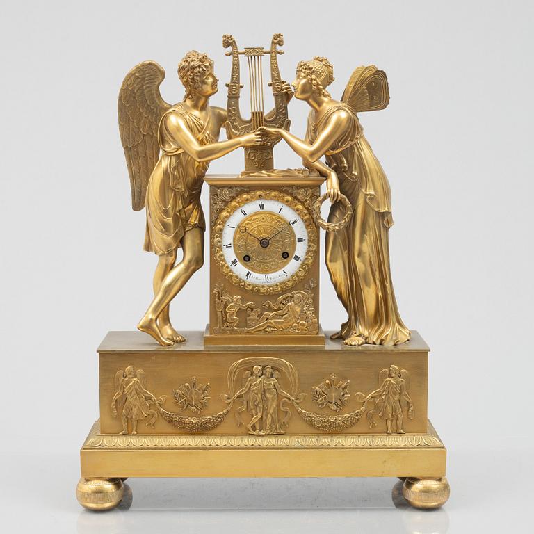 An Empire mantel clock signed J.J. Hanset, Bruxelles, Belgium, first half of the 19th century.