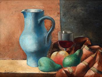 Still life with blue pitcher and wine glass.