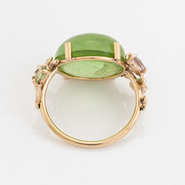 Large cabochon cut peridot, pink tourmaline, tsavorite and brilliant cut diamond cocktail ring.