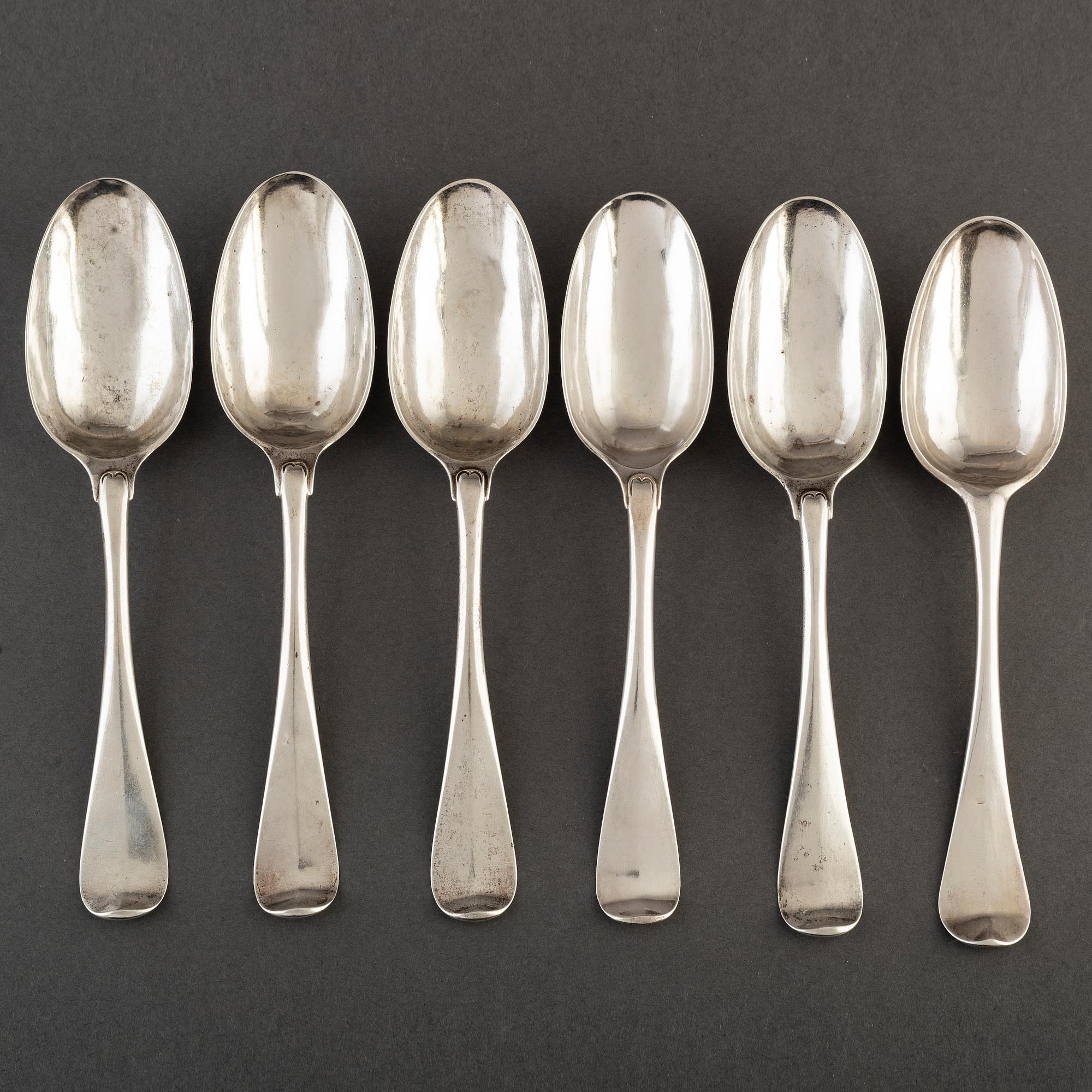 6 silver spoons, mid 18th century.