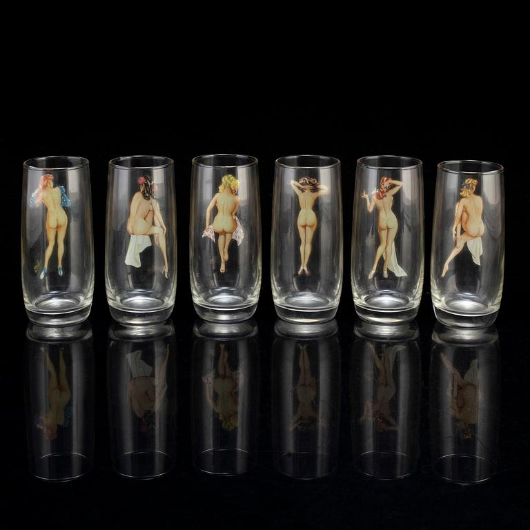 Six second half of the 20th century glasses with pictures of pinup girls.