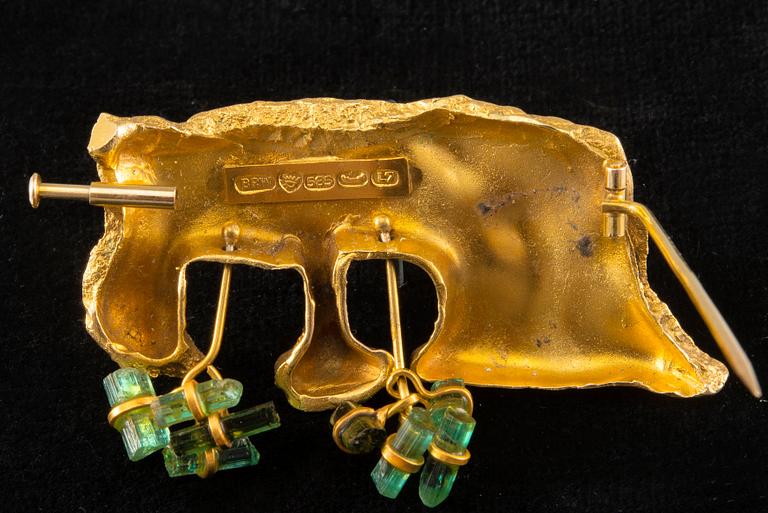 Björn Weckström, A BROOCH, gold 14K with tourmalines, "Elephant". BRW, Helsinki 1964. Weight 13,2 g.