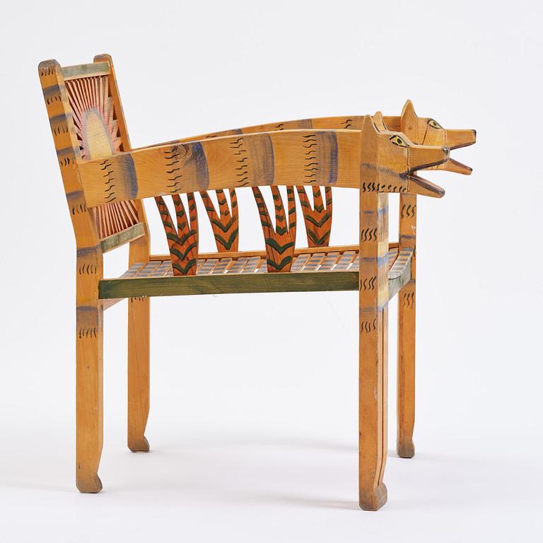 Gérard Rigot, a sculpted and painted oak chair, exectued in his studio, France, second half of the 20th century.