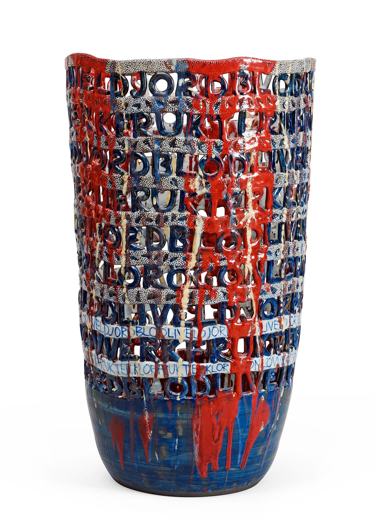 An Eva Bengtsson stoneware jar, 'Liv, eld, jord, blod', Frillesås.