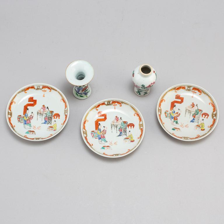 Two famille rose miniature vases, and three dishes, Qing dynasty, 18th century.