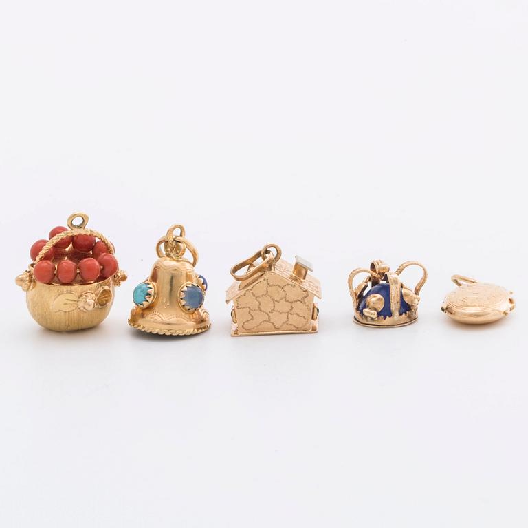5 CHARMS 18K and 14K gold, blue, red, green stones.