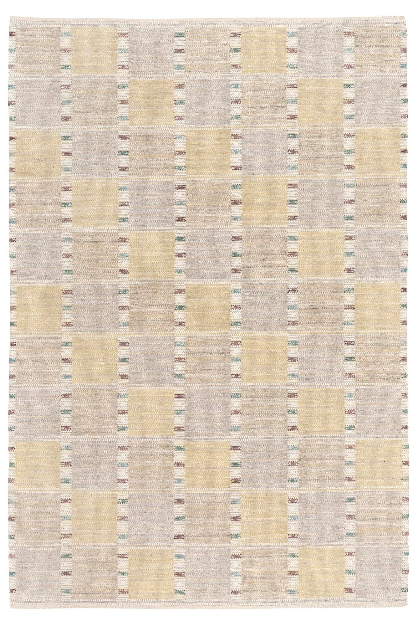 Barbro Nilsson, a 'Falurutan gul S' carpet, flat weave, c. 280 x 188 cm, signed AB MMF BN.