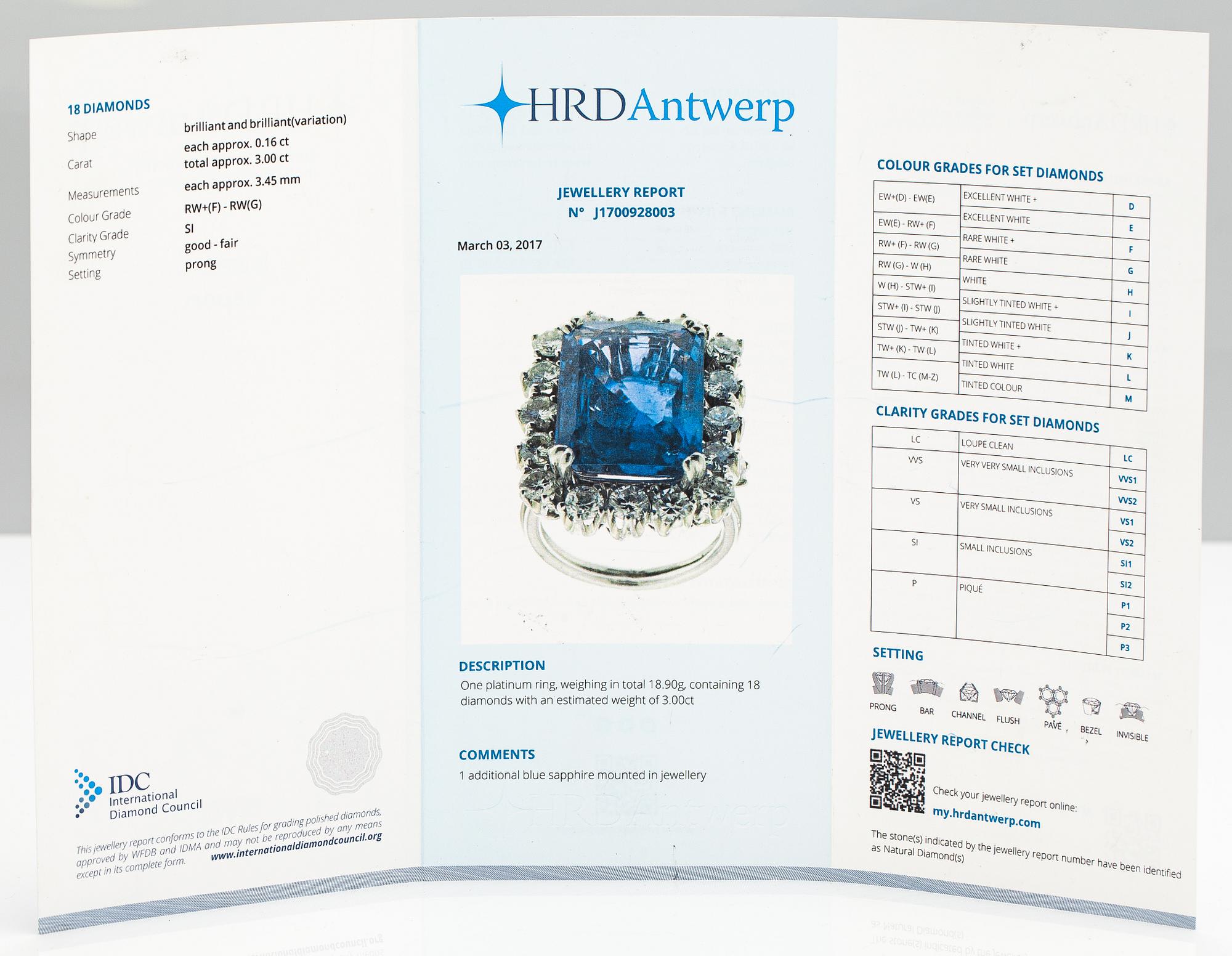 A platinum ring with a ca. 18.00 ct sapphire and ca. 3.00 cts of diamonds. With certificates.