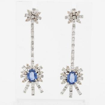 Earrings, 18K white gold set with sapphires and round brilliant-cut and baguette-cut diamonds.
