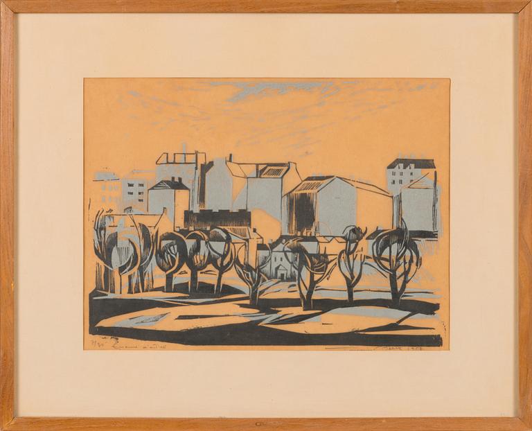 Tuulikki Pietilä, woodcut in colour, signed and dated 1958.