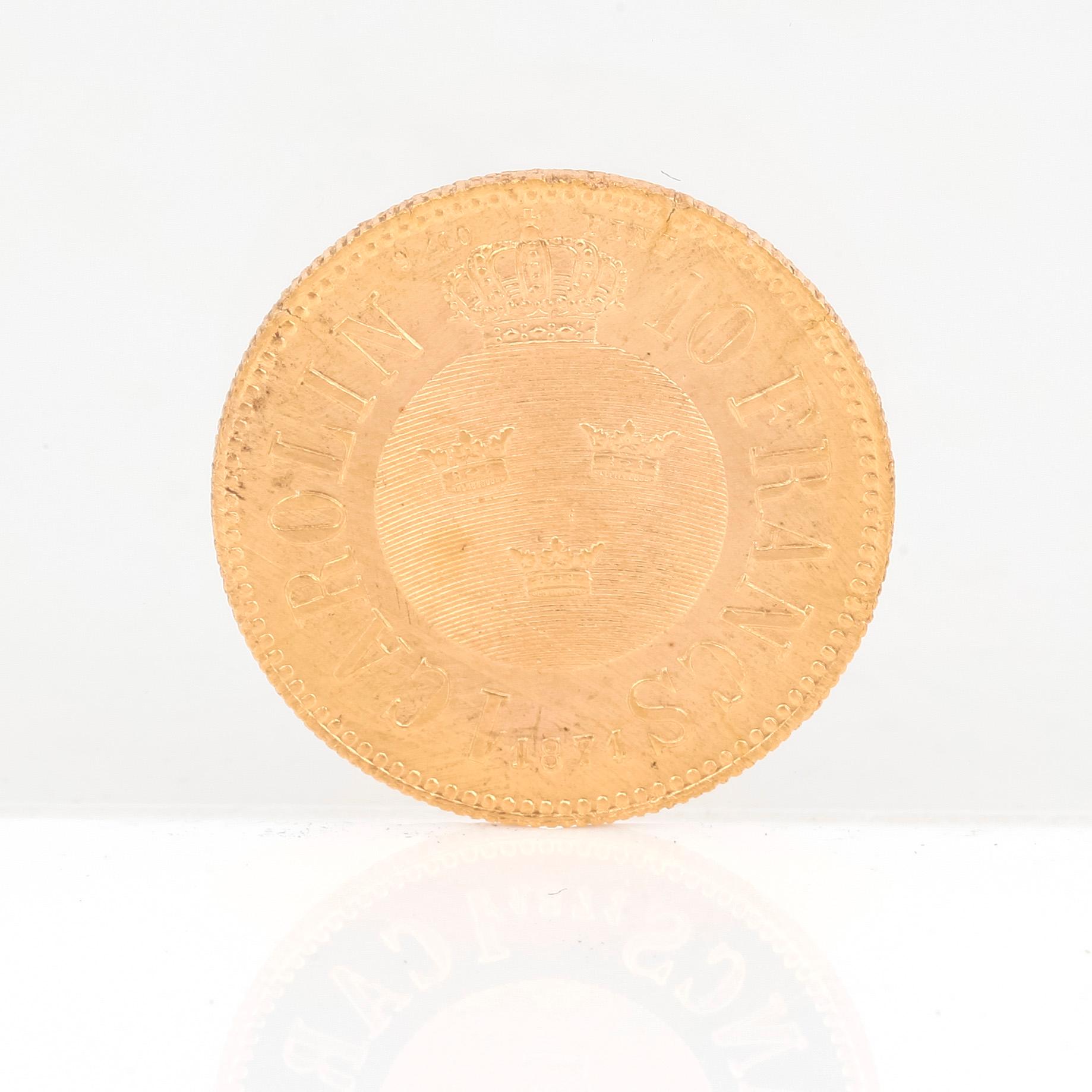 GULDMYNT, Carolin/10 Francs, Karl XV av Sverige och Norge, 1871. Vikt ca 3 gram.