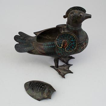 A Japanese bronze and cloisonné censer in the shape of a bird, 20th Century.