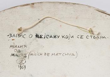 Milić od Mačve, olja på duk lagd på pannå, signerad och daterad 1969, även signerad och daterad 1969 a tergo.