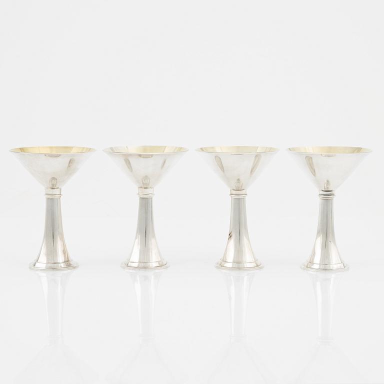 Tillbringare och martiniglas, 4 st, silver, HB Persson, Stockholm, 1953.