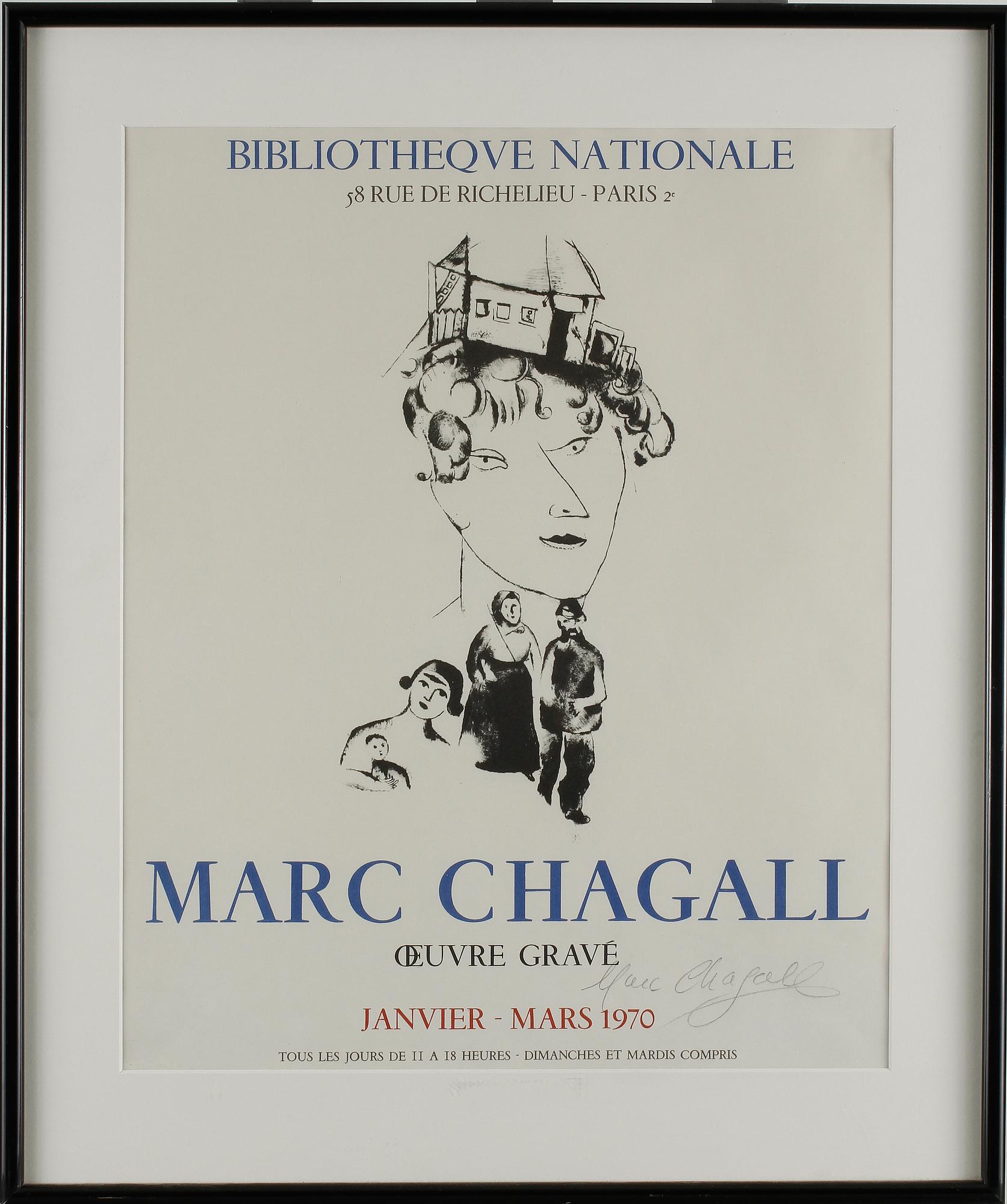 MARC CHAGALL, efter, utställningsaffisch, Mourlot, Paris, signerad.