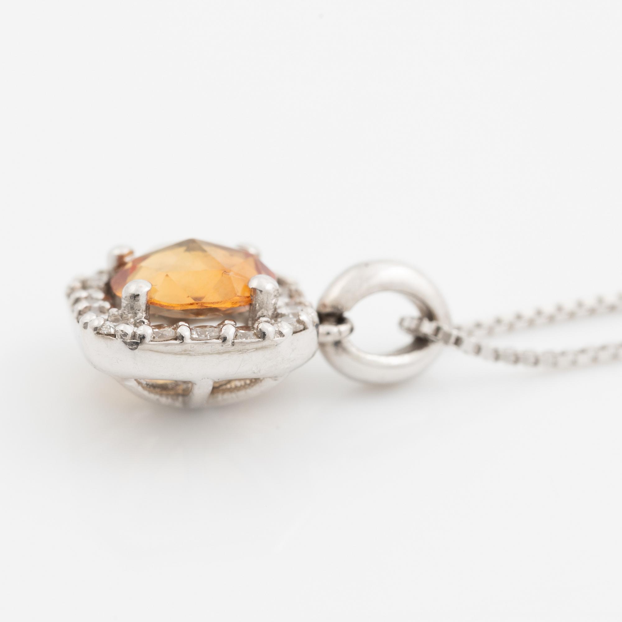 Necklace with orange-brown rose-cut sapphire and brilliant-cut diamonds.