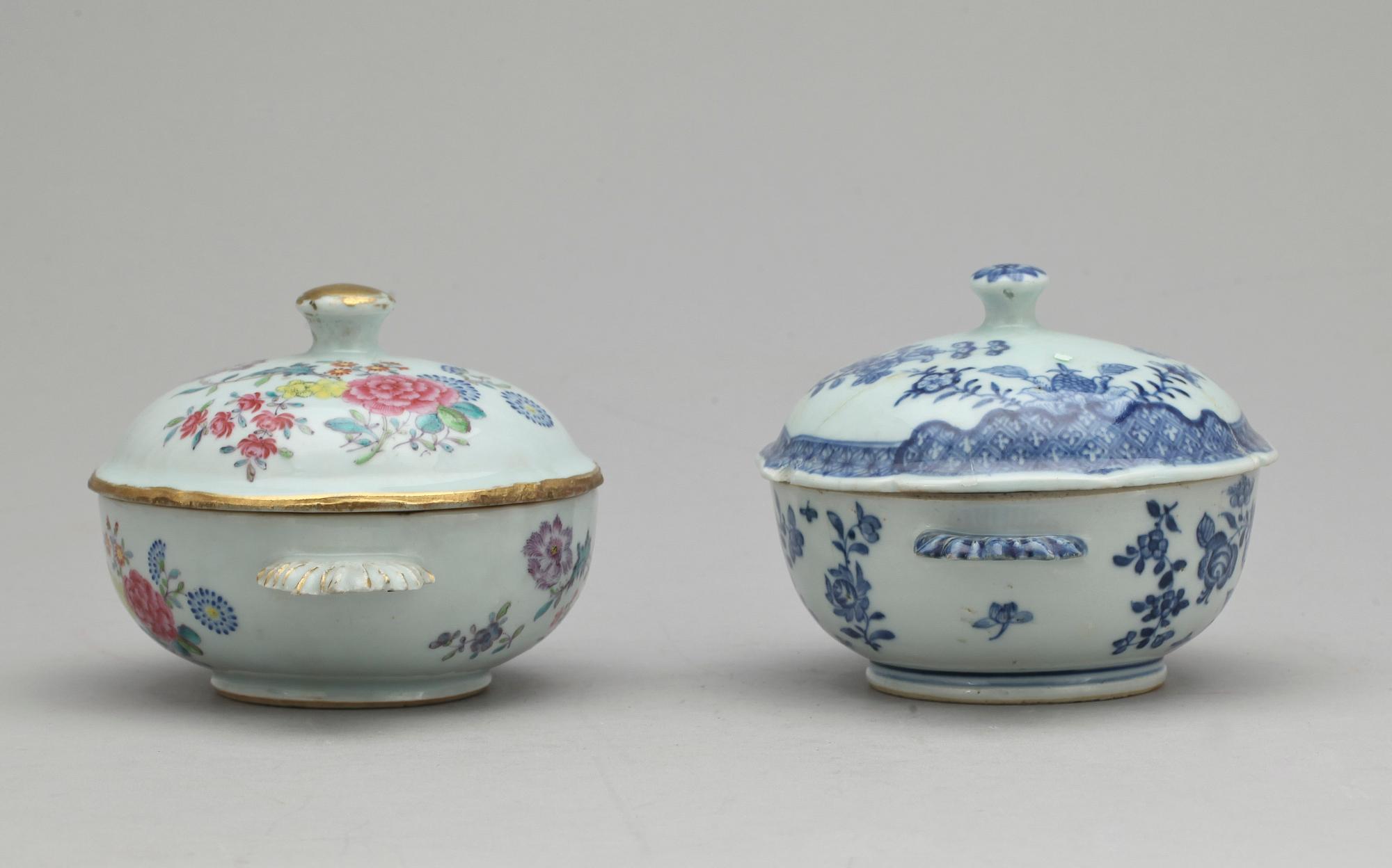 EQUELLER med LOCK, två stycken, kompaniporslin. Qing dynastin, Qianlong (1736-95).