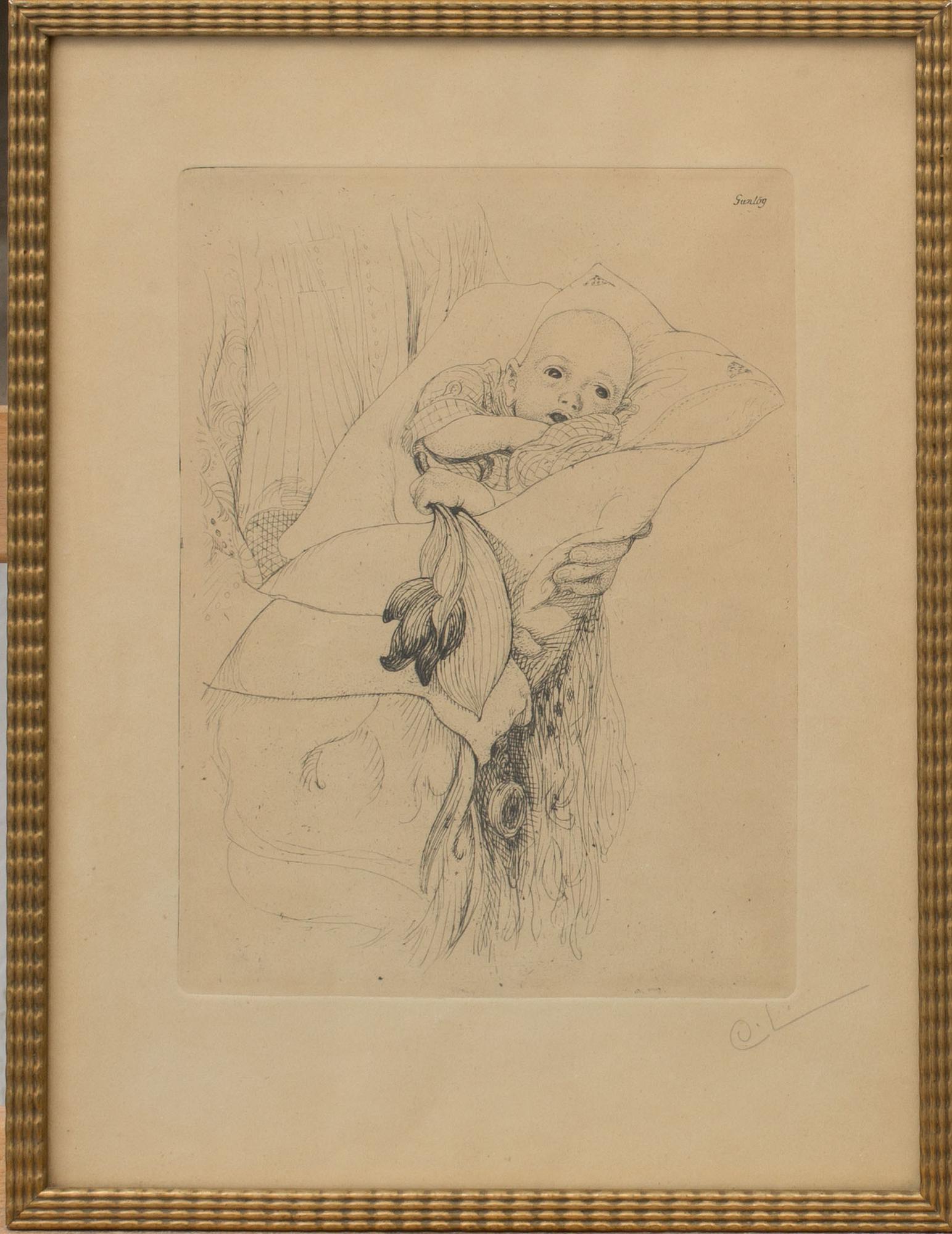 CARL LARSSON, etsning, signerad CL.
"Gunlög gratulerar morfar", utförd 1913.