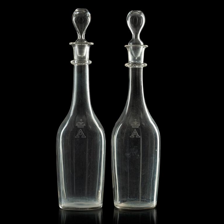 A pair of Russian bottles with stoppers, 19th Century. Presumably Imperial Glass Manufactory, St Petersburg.