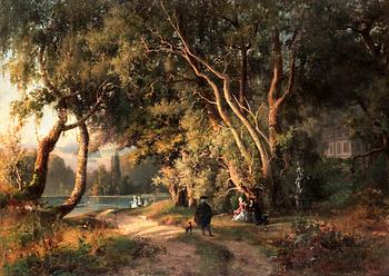 135. Alfred Wahlberg, Elegant sällskap i romantiskt parklandskap.