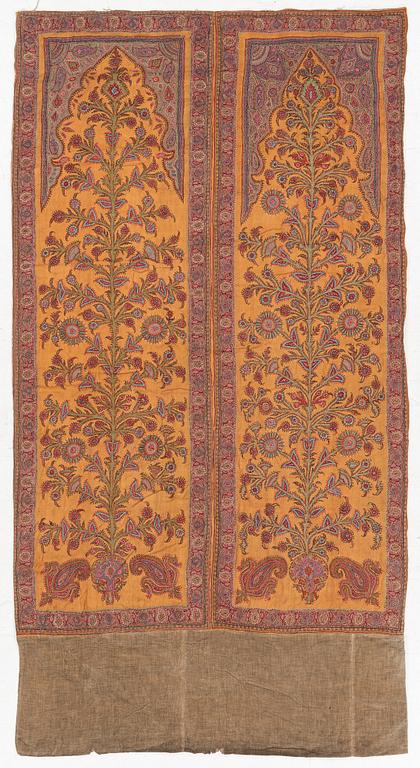 Embroidery, a pair, semi-antique Pateh Kirman, approx. 122 x 190 cm in total.
