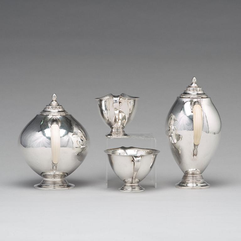 Johan Rohde, kaffe- och teservis 4 delar, Georg Jensen, Köpenhamn 1919, 830/1000 silver, svenska importstämplar GAB F.