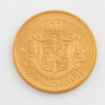 A Swedish goldcoin, 20 kronor, 1899.
