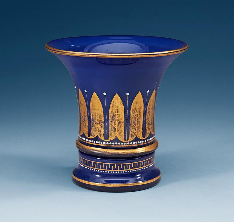 A Russian blue glass Cashe-pot with stand, Nikol'skoye glass factory, attributed to Alexander Vershinin, circa 1800.