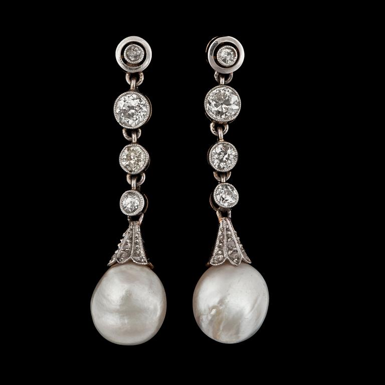 A pair of natural saltwater pearl and old-cut diamond earrings. Total carat weight of diamonds circa 0.80 ct.