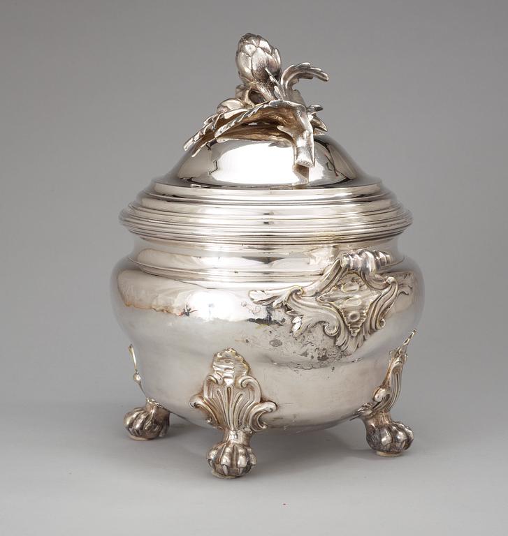 A Louis XV 1740's silvered brass/argent haché tureen with cover stamped with C couronné.
